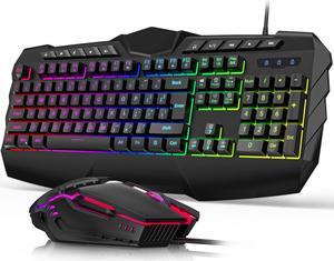Gaming Keyboard and Mouse Combo, LED RGB Backlit Wired Keyboard 114 Keys Mechanical Feel Anti-ghosting Keyboard & 7 Colors Mouse with 12 Multimedia Keys for Windows/XP/Vista PC Laptop Computer Gamer