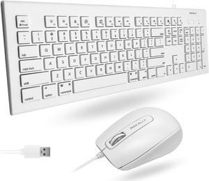 104 Key USB A Wired Keyboard W/ Apple 15 Shortcut Keys and 3 Button Optical Soft Click Mouse Combo for Mac Windows PC & Chromebook White