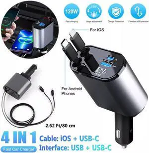 Retractable Car Charger 4 in 1 Fast Car Phone Charger 120W With USB Type C Cable