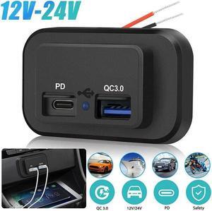 12-24V 4.8A Dual USB PD QC3.0 Car Boat RV Fast Charger Socket LED Power Outlet