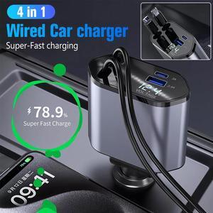 4 in 1 100W Car Charger USB Type C Cable For iPhone Android Fast Charge Adapter