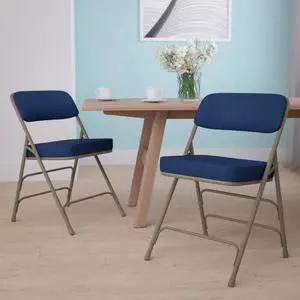 2 Pack HERCULES Series Premium Curved Triple Braced & Double Hinged Navy Fabric Metal Folding Chair