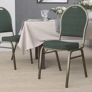 4 Pack HERCULES Series Dome Back Stacking Banquet Chair in Green Patterned Fabric - Gold Vein Frame