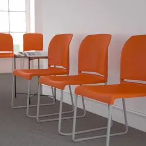 5 Pack HERCULES Series 880 lb. Capacity Orange Full Back Contoured Stack Chair with Gray Powder Coated Sled Base