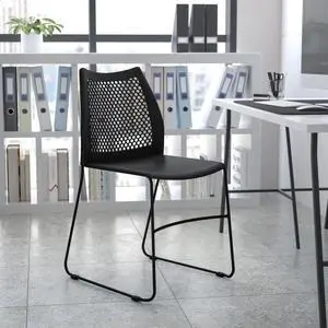 5 Pack HERCULES Series 661 lb. Capacity Black Stack Chair with Air-Vent Back and Black Powder Coated Sled Base
