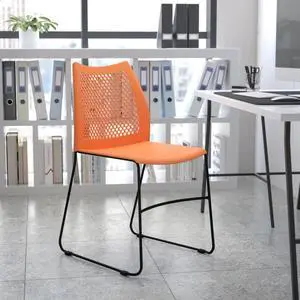 5 Pack HERCULES Series 661 lb. Capacity Orange Stack Chair with Air-Vent Back and Black Powder Coated Sled Base