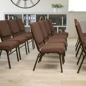 4 Pack HERCULES Series 18.5''W Church Chair in Brown Fabric with Book Rack - Gold Vein Frame