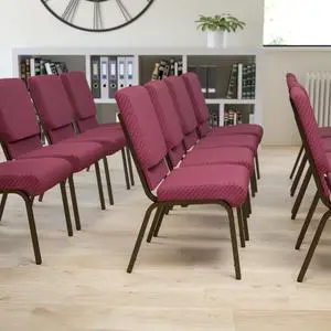4 Pack HERCULES Series 18.5''W Stacking Church Chair in Burgundy Patterned Fabric - Gold Vein Frame