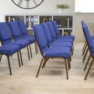 4 Pack HERCULES Series 18.5''W Stacking Church Chair in Navy Blue Patterned Fabric - Gold Vein Frame