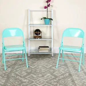2 Pack HERCULES COLORBURST Series Tantalizing Teal Triple Braced & Double Hinged Metal Folding Chair