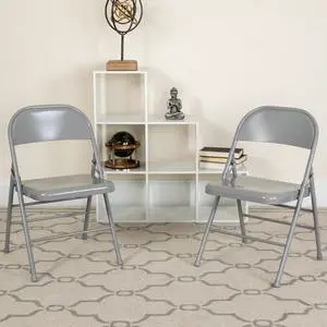 2 Pack HERCULES Series Triple Braced & Double Hinged Gray Metal Folding Chair