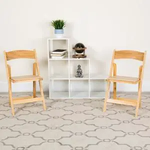 2 Pack HERCULES Series Natural Wood Folding Chair with Vinyl Padded Seat