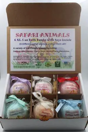 Spa Pure Kids Safari Animals: 6 XL Bath Bomb for Kids with Surprise Toys Inside (Safari Animal) USA Made, Natural, Organic XL 5 oz Gift for Girls/Boys (6-Pack Gift Set)