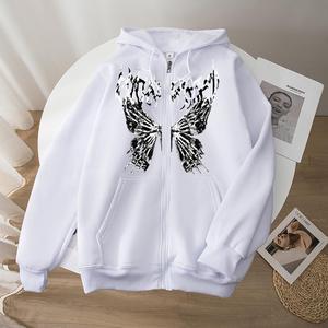 Skull Print Zipper Drawstring Hoodie L White