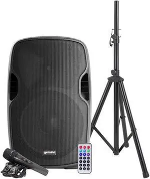 Gemini as Series AS-15BLU-PK Bluetooth Portable Party Speakers Bundle, 15" 2000W Active PA Loudspeaker, Heavy Duty Speaker Stand, Remote, Microphone