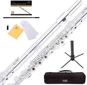 mendini by cecilio silver plated open hole c flute with italian pads, stand, pocketbook and deluxe case, mfe22s