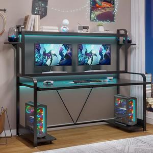 Gaming Desk, 55" Computer Desk with Shelves, LED Lights, Hutch & Monitor Shelf, Large PC Gamer Desk Workstation, Gaming Table for Bedroom, Studying Writing Desk for Home Office, Black
