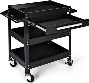 IRONMAX Three Tray Tool Cart Organizer Rolling Utility Decker w/Drawer Black