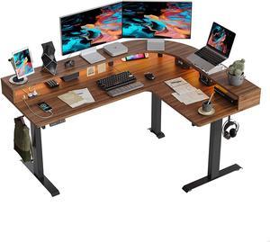 Triple Motor L Shaped Stadning Desk with LED Strip & Power Outrlets,63 inches Height Adjustable Stand up Corner Desk with Ergonomic Monitor Stand, Black Frame/Black Walnut Top