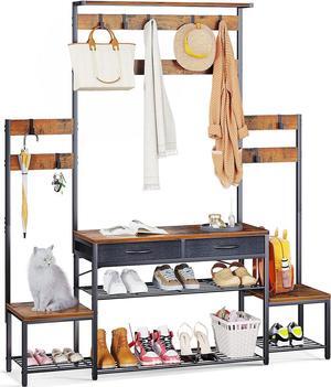 Parent-Child Hall Tree with Bench and Shoe Storage, Freestanding Coat Rack with Drawers, Entryway Rack with Metal Frame and Hooks, for Entrance, Foyer, Mudroom