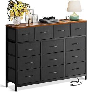 Long Dresser with 3 Outlets and 2 USB Charging Ports, 57'' Wide TV Stand with 13 Large Drawers, Chest of Drawers Easy-Pull Fabric Dresser for Bedroom, Living Room, Hallway, Black and Vintage