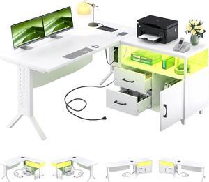 L Shaped Office Desk with Storage Cabinet and Recessed Power Strip LED Strip, 55 Inch Thickened Heavy Duty Executive Computer Desk with 2 Drawers and 1 Door Cabinet, White