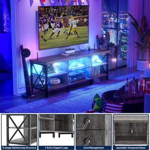 LED TV Stand for TV up to 70 inches, 63 Inch Entertainment Center with Charging Station, Stunning Sturdy Modern Industrial TV Console with Open Shelves for Living Media Room, Black Oak