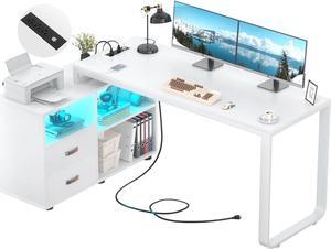 L Shaped Desk with File Cabinet & Power Outlet, Reversible 55 Inch Large Corner Computer Desks with LED Strip, L-Shaped Desk with Drawers and Storage Shelves for Home Office, White