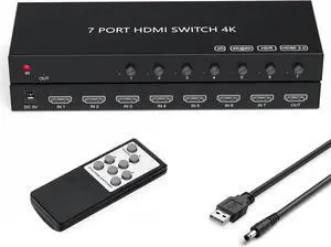 7Port HDMI Switcher 4K@60Hz 5In 1Out HDMI Selector with IR Remote Supports Full HD 4K/1080P/3D & HDCP2.2 for Switch,Xbox,PS4/PS5,Fire Stick,Roku, TV etc.