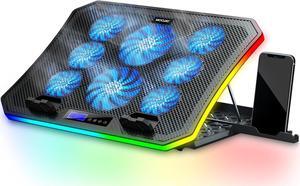 Laptop Cooling Pad RGB Gaming Notebook Cooler for Desk and Lap Use, MOOJAY Laptop Fan Stand 8 Adjustable Heights with 8 Quiet Fans and Phone Holder, for 15.6-17.3 Inch Laptops - Blue LED Light