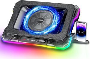 Gaming Laptop Cooling Pad with Powerful Turbofan, RGB Cooler with External Variable Speed Fan, 4 USB Ports HUB, Seal Memory Foam Stand for 15.6-18 inch Laptops