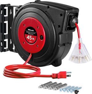 Retractable Extension Cord Reel, 45 FT Heavy Duty Power Cord, 12AWG/3C SJTOW, 3 Grounded Outlets Lighted Triple Tap, 15 Amp Circuit Breaker, UL Listed, Red R45CR06