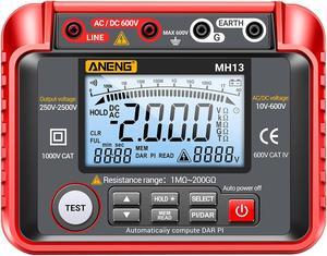 MH13 250V-2500V Digital Insulation Resistance Tester 1M-200G Megger Megohm Testing Meter Auto Range 2000 Counts LCD Display 10V~600V AC/DC Voltmeter with 100 Data Storage