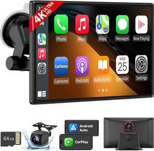 Wireless  CarPlay Android Auto Screen - 4K Dash Cam, GPS Navigation, HD Touchscreen, AirPlay, 1080P Backup Camera, Car Stereo