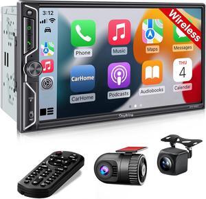 Double Din Car Radio with Wireless  CarPlay and Android Auto, Bluetooth, 4.2-Channel Audio Output, MirrorLink, 7'' HD QLED Touchscreen, Dash Cam, Backup Camera, AM/FM Car Stereo