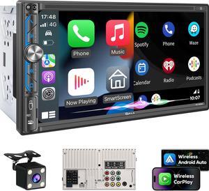 Wireless Double Din Car Stereo  Carplay Radio Screen for Car Audio Receivers, Bluetooth 5.3 Car Play Android Auto Touchscreen, 240W 4.2 CHN 2 Subwoofers Outputs, Backup Camera, SWC, FM/AM