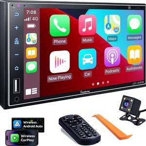 Double Din Car Stereo with Wireless  Carplay, Android Auto, 7 Inch Full HD Capacitive Touchscreen - Bluetooth, 4-Channel RCA, High Power, Subwoofer, Backup Camera, Steering Wheel, FM/AM Car Radio