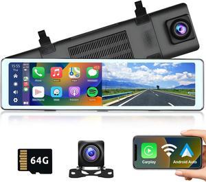 Front & Rear Mirror Dash Cam with Wireless Carplay&Android Auto,11.26 Inch IPS Touchscreen Dash Camera Support DVR Voice Control Bluetooth Call FM Transmitter