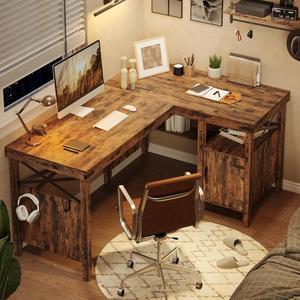 L Shaped Desk for Home Office, Farmhouse Computer Desk with Storage Cabinet, Office Desk with Bookshelf, 2 Person Computer Desk Up to 82 inch, Corner Desk with Shelves, Rustic Brown 60 Inch