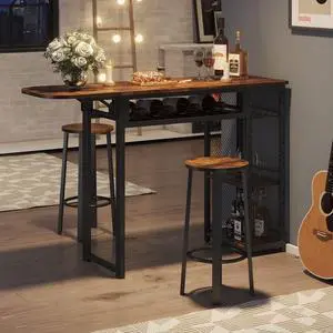 Bestier Bar Table and Chair Set, Expandable Dining Table with 2 Bar Stools, Industrial Kitchen Counter with Wine Rack & 3 Tier Adjustable Storage Shelves Rustic Brown Bestier Bar Table and Chair Set, Expandable Dining Table with 2 Bar Stools, Industrial Kitchen Counter with Wine Rack & 3 Tier Adjustable Storage Shelves Rustic Brown