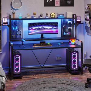 White Gaming Desk, 55" Computer Desk with Hutch and Shelves, Gaming Desk with LED Lights, Pegboard & Monitor Shelf, Large PC Gamer Desk Workstation for Home Office, Gaming Table for Bedroom