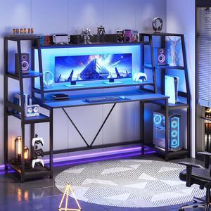 Gaming Desk 65.7"" with LED Lights, Hutch and Storage Shelves, Computer Desk with Monitor Stand, Large PC Gamer Desk Workstation, Ergonomic Gaming Table for Bedroom, Living Room, Black