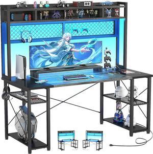 armocity 2024 Upgrade Gaming Desk with Hutch, 55.2"" Magic Computer Desk with LED and Outlets, Reversible Workstation Desk with Pegboard, Grey/Black