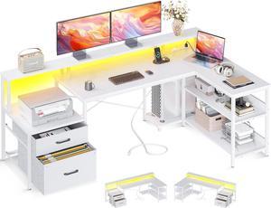 L Shaped Desk with File Drawer, 75" Reversible L Shaped Computer Desk with Power Outlet & LED Strip, Office Desk with Storage Shelves, Gaming Desk with Monitor Shelf, Corner Desk, Grey Oak