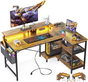 66 Inch Gaming Desk with USB Charging Ports and LED Lights, Reversible L Shaped Computer Desk with Storage Shelves & Monitor Stand, Home Office Desk Table with Power Outlets, Vintage