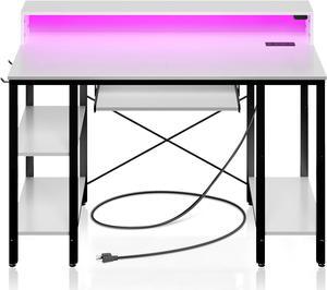 Computer Desk 47 inch with LED Lights & Power Outlets, Gaming Desk with Storage Shelves, Home Office Desk with Keyboard Tray, Writing Desk with Monitor Stand, Work Desk, Rustic Brown