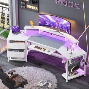 Gaming Desk, Computer Desk with 2 Fabric Drawers & LED Light, White Small Desk with Storage for Home Office, Carbon Fiber White