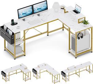 L Shaped Desk, 95" Reversible Corner Computer Desk with Storage Shelves, Monitor Stand, Storage Bag, 2 Person Long Desk for Home Office Writing Study Workstation Table(Grey)