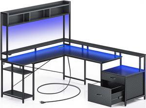 Computer Desk with File Drawers, 99.2" L Shaped Gaming Desk with Hutch, Reversible Desk with Power Outlet, LED Strip & Monitor Stand, 2 Person Home Office Desk, White