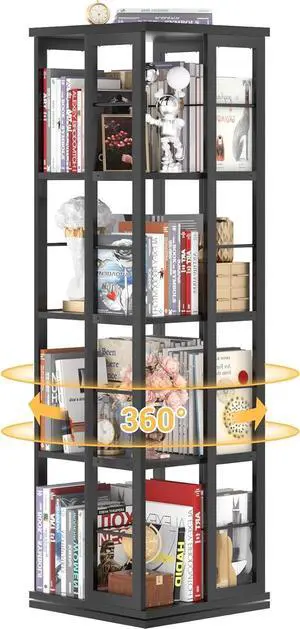 Rotating Bookshelf, 360 Display Wood Spinning Bookshelf, Floor Standing Bookcase Narrow Shelf Revolving Organizer Storage Rack for Small Space, Bedroom, Study Room, Black